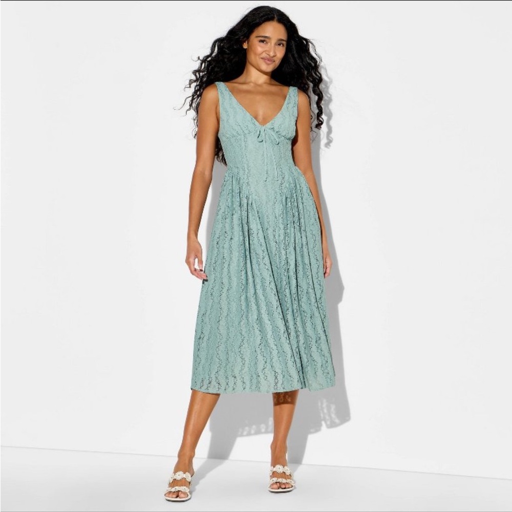 NEW Wild Fable Women’s Midi Lace Basque Empire Waist Dress Slate Blue - Medium